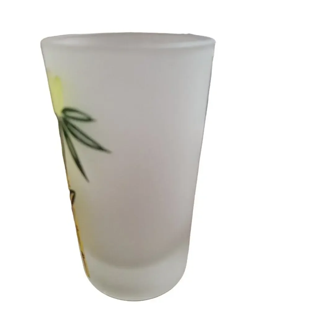 MCM Frosted Glassware Set‎ of 5 8 oz Tropical Bamboo Theme Green Yellow